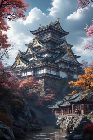 The grandeur of the giant Endo Castle, in the beautiful atmosphere of Edo period Tokyo, depicted in a digital matte painting.