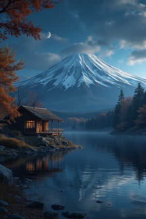 A peaceful nighttime landscape featuring a snow-capped mountain resembling Mount Fuji, with a wooden cabin situated by the water's edge in the foreground. The cabin is surrounded by autumn trees with vibrant orange and yellow leaves. The calm lake reflects the cabin, trees, and mountain. The sky is filled with stars and a crescent moon, adding to the tranquil, atmospheric scene.,FluxBoost,High dynamic range style