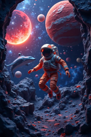 Astronaut floating through a cosmic landscape with planets and a whale, stylized as paper cut-outs, vivid and dynamic colors, dramatic lighting, deep space backdrop, cinematic composition.,Made out of paper,FluxBoost