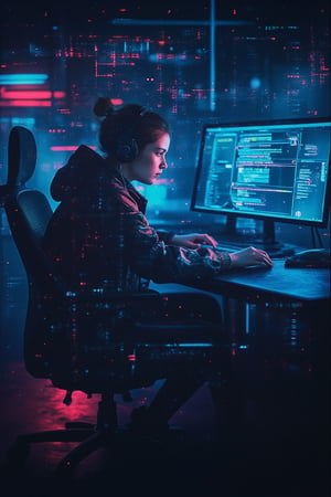 a woman sitting at a computer desk with headphones on, big tech corporate art design, neonlights, an epic majestical degen trader, busy room, 10 bit colour, snowcrash, working hard, eboy, interconnections