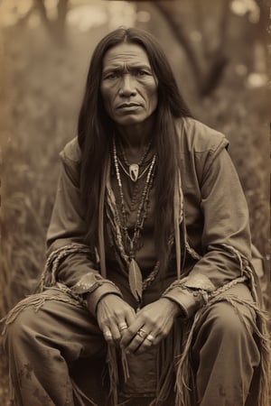 a highly detailed portrait of a Native American man with long, flowing dark hair, sitting outdoors. He wears traditional leather clothing with fringes, intricate beadwork, and a large necklace featuring a leaf pendant. The expression on his face is serious, with an air of strength and calmness. His hands are adorned with rings, and he has arm bands made of leather or beads. The setting is in natural surroundings, evoking a serene and historic atmosphere with sepia-toned coloration for an aged, classic feel.,Faded Old Photo,Hand