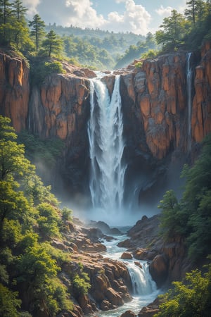 A towering waterfall plunging down a vertical red cliff face into a circular basin below, surrounded by lush green landscape. The rocky cliff has vibrant reddish-orange hues, contrasting with the greenery around it. The water falls powerfully, creating mist at the bottom where it hits the dark, wet rocks. The scenery is set against a partly cloudy sky, adding depth to the dramatic and natural atmosphere, High dynamic range style