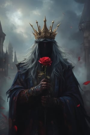 flower, bouquet, red_flower, holding, long_grey_hair, solo, dark_crown, gold_crown, blue_cape, rose, outdoors, castle, sky, cloud, holding_bouquet, grey_sky, fog, no face, king, cloudy_sky, standing, red_rose, focus_on_king, side angle, digital matte, painting, Cinematic moody colors, dark fantasy, Gothic style.,jntsmoscuro,digital_painting