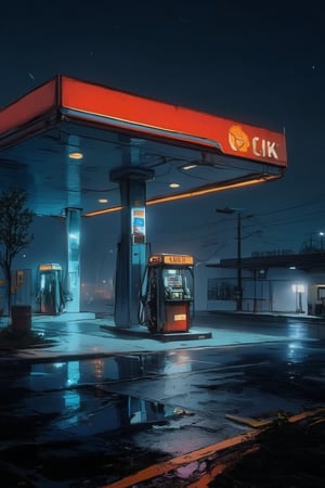  a gas station at night, brightly lit amidst a quiet and dark atmosphere. The wet road reflects the lights., illustrated,High dynamic range style,ct-skyzo_identity,acryli painting