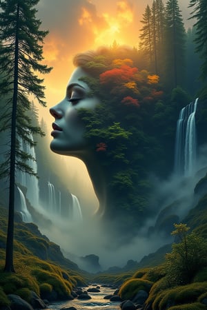 This image portrays the fusion of nature and the human mind. A woman's face is shown with closed eyes, while a vivid scene of a forest filled with trees, waterfalls, and a sunset is imagined. Mist drifts through mountains and waterfalls, evoking a sense of peace and deep connection with nature.,High dynamic range style