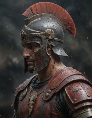 The scene is illustrated in an oil painting style, A Roman centurion is depicted in a half-side view, with his head slightly bowed He wears a helmet that partially obscures his face and has a red plume on top, Around him, lava rain is falling, creating an intense atmosphere.