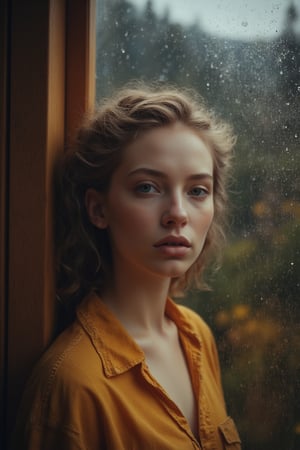 A wooden bedroom, a beautiful Norwegian woman, with pale skin, bare face, green eyes, wearing a yellow shirt, with a large mirror behind her, mist and droplets on the surface of the mirror, rain falling outside enhancing the atmosphere with hills and trees in the background, natural light creating a bokeh effect, all captured in a lonely portrait style, not looking at the camera.