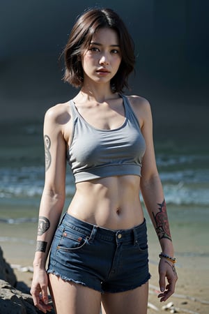 masterpiece, best quality, ultra-detailed, ultra high res, (photorealistic:1.4), a woman standing on epic coastal cliffs foggy, mayan sleeve tattoo on both arms, (FuturEvoLabTattoo:1.5), short red hair, detailed face, (skin texture:1.2), wear Black shorts tank top. 