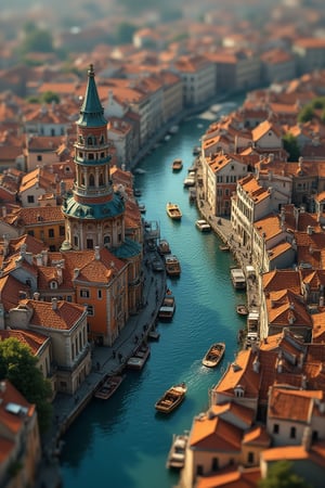 A highly detailed aerial view of a city with canals, resembling Venice, featuring winding waterways and traditional European architecture. The scene includes boats moving through the blue canals, with orange-brown terracotta rooftops covering the tightly packed buildings. The perspective has a miniature or tilt-shift effect, making the structures look like models. Some historic buildings and churches are seen near the canals, with detailed reflections in the water, giving the entire scene a serene and picturesque atmosphere.,FluxBoost,High dynamic range style