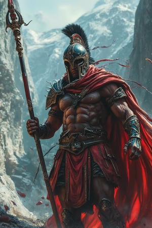 Ares, the legendary god of war in Greek mythology, wielding a long spear, set against the grandeur of Mount Olympus, beyond imagination. The realistic details of all elements enhance Ares intimidating, fierce, and powerful presence, including armor and a greek helmet, created with digital matte painting.