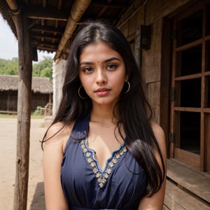 lovely cute young attractive indian girl, blue eyes, gorgeous actress, 19 years old, cute, an Instagram model, long hair, black hair, Indian, weaaring indian dress Lahnga.wearing ear rings, woman living in indian village. 