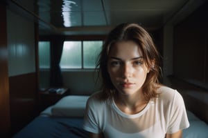 Pinhole, Heliographic, photography, high quality, 8K Ultra HD, hyper-realistic Photography 20 years old woman, BROWN HAIR, in MODERN BEDroom, FLOODED WITH WATER UP TO THE KNEES in the background ,DARK shadows, clean sharp focus, f 4, with NATURAL SKIN and a melancholic aura, VERY SAD EXPRESSION and desperate expression, stares directly into the camera with a hard focus. DRAMATIC LITGH, REMBRANT POSE, Kodakchrome 160, Jorge Martin Style,traincabin