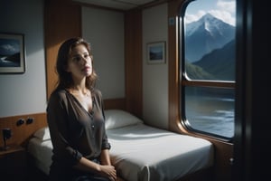 Pinhole, Heliographic, photography, high quality, 8K Ultra HD, hyper-realistic Photography 20 years old woman, BROWN HAIR, in MODERN BEDroom, FLOODED WITH WATER UP TO THE KNEES in the background ,DARK shadows, clean sharp focus, f 4, with NATURAL SKIN and a melancholic aura, VERY SAD EXPRESSION and desperate expression, stares directly into the camera with a hard focus. DRAMATIC LITGH, REMBRANT POSE, Kodakchrome 160, Jorge Martin Style,traincabin