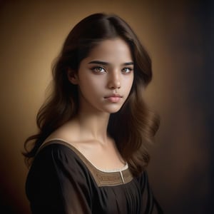 photorealistic half-length image of a brown-haired woman with a melancholic pose, normal skin, Rembrant Ligh, wallpaper painted background, with a melancholic pose Jorge Martin Style,Masterpiece