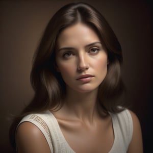 photorealistic half-length image of a brown-haired woman with a melancholic pose Jorge Martin Style,Masterpiece