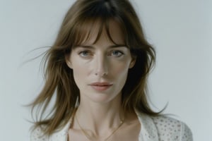 Pinhole, fusion between Jane Birkin and Eva Green, beautiful woman centred looking at camera, middle shot body, Stunning, dramatic, vivid, white background, close up, 8k, UHD, by Jorge Martin