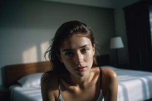 Pinhole, Heliographic, photography, high quality, 8K Ultra HD, hyper-realistic Photography 20 years old woman, BROWN HAIR, in MODERN BEDroom, FLOODED WITH WATER UP TO THE KNEES in the background ,DARK shadows, clean sharp focus, f 4, with NATURAL SKIN and a melancholic aura, VERY SAD EXPRESSION and desperate expression, stares directly into the camera with a hard focus. DRAMATIC LITGH, REMBRANT POSE, Kodakchrome 160, Jorge Martin Style