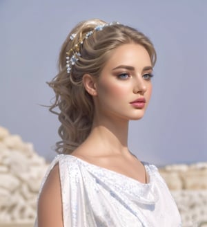 The beautiful Andromeda stands majestically on a sun-kissed Greek isle, her tresses flowing in the gentle Mediterranean breeze as she contemplates the endless blue horizon. Her ethereal gaze, like sapphires shining bright, pierces the sea's tranquility, while her blonde locks cascade down her back like a waterfall of light.