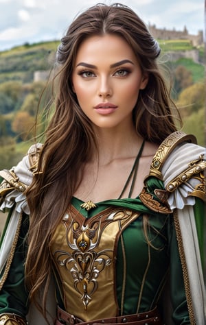 Photorealistic full body, best quality, 1 beautiful woman of 20 years old, slim with toned body, white skin tone, diamond-like face, almond-shaped brown eyes, silky long brown hair. Her hands are delicate and fine, her clothing is medieval fantasy type, dressed in armour with gold finishes, under the armour she wears green clothing, she wears a white and green cape, her look is strong and determined, you can see the body whole from head to toe, real life, best shadow, RAW,clear ,high resolution,8K masterpiece, photograph, confident posture, full body, realistic skin, photographic, best quality, high detailed, Masterpiece, intricate details, high resolution, extremely detailed, looking straight ahead, intense gaze, her facial features are that of a tough young woman, In the background is a hill with a medieval castle.