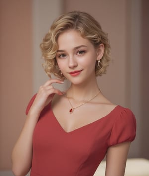 1girl, Beautiful girl, solo, necklace, good mouth, serious, good lips, detailed face, good hands, good fingers, clear_image, blonde_hair, hazel_eyes, short_hair, curly hair, slender build, white teeth, medium_breasts, red dress, full_body, happy_face, earrings,