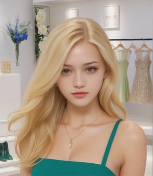 1girl, Beautiful girl, shop, good hands, good fingers, solo, clear_image, blonde_hair, hazel_eyes, long_hair, good mouth, lips, slender build, white teeth, necklace, medium_breasts, green dress, full_body, serious, happy_face, good_legs, realistic,beautymix,natalee,Ivi