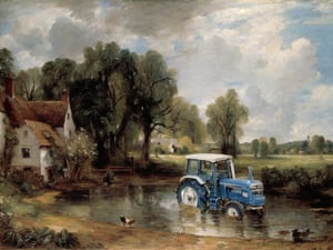 based on john constable's hay wain, a blue tractor in the pond, trees, cottage, blue sky with clouds, dirty tractor,