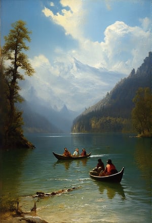 An oil painting: An outdoor scene of four people, in a boat.  Blue sky and clouds. water, tree, nature, scenery, mountains, watercraft, river, landscape, lake