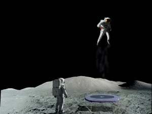 an astronaut jumping on a trampoline on the moon, moon dust falling from his feet, starry sky,