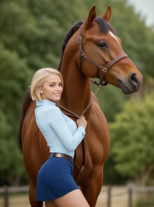 (8k,masterpiece, best quality, highres), A beautiful young girl with short blonde hair looks happy as she pats her horse on a lovely summer day. She has a lovely face and perfectly shaped legs. She is wearing a blue blouse and a miniskirt. 