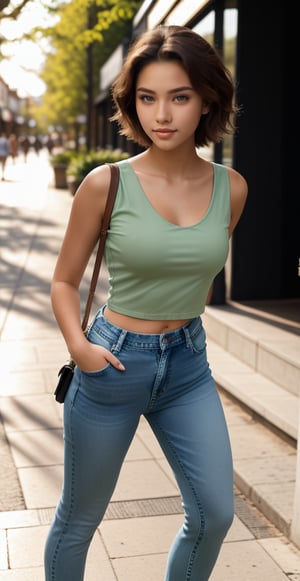 A serene afternoon scene: A lovely 18-year-old girl, donning a vibrant green top and comfortable denim jeans, effortlessly walks down a shopping street with hands tucked into her back pockets. Her short brown hair is neat behind her as she exudes carefree confidence.