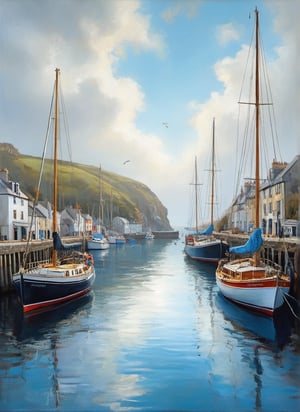  A majestic Cornish harbour scene unfolds on canvas, rendered in exquisite oil paint. Vibrant sunlight casts warm highlights on weathered boats, while soft mist veils the distant cliffs. Brushstrokes dance across the waves, as a fishing boat's sturdy lines and ropes are defined with precision. The artist's skilled hand is evident in every textured stroke, inviting the viewer to step into this idyllic haven.