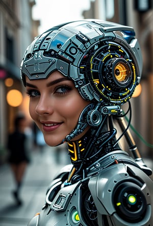 ((Masterpiece, best quality, ultra details, 8k, HDR)),  Envision a realistic picture of a biomechanical cyborg in a  street, she is a fusion of technology and nature, with a face of a beautiful girl. She smiles invitingly at the viewer. She has a luminescent glow, this photo should have a whimsical and fantastical feel, with vibrant colours and a top quality detail. Cyborg.