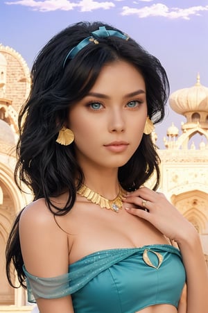 Princess Jasmine stands majestically against a soft, hazy backdrop of the palace's majestic architecture, her striking features illuminated by warm, golden light. Her raven-black locks cascade down her back, adorned with a delicate blue ribbon that complements her piercing gaze. A scattering of gold jewelry adorns her neck and ears, adding a touch of regality to her already enchanting presence.