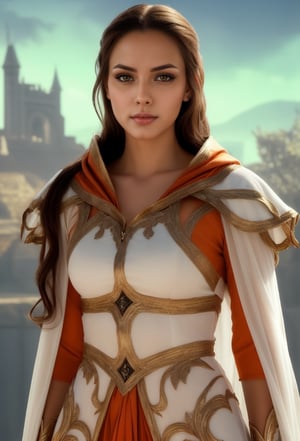 Photorealistic full body, best quality, 1 beautiful woman of 20 years old, slim with toned body, white skin tone, diamond-like face, almond-shaped brown eyes, silky long hai. Her hands are delicate and fine, her clothing is medieval fantasy type, dressed in white armor with gold finishes, under the armor she wears orange clothing, she wears a white and orange cape, her look is strong and determined., you can see the body whole from head to toe, real life, best shadow, RAW,clear ,high resolution,8K masterpiece, photograph, confident posture, full body, realistic skin, photographic, best quality, high detailed, Masterpiece, intricate details, high resolution, extremely detailed, looking straight ahead, intense gaze, her facial features are that of a tough young woman,
In the background It is in a flat area like on a hill and in the distance you can see a white city
,Nice legs and hot body,Saree,realistic,ragnarokhiwiz