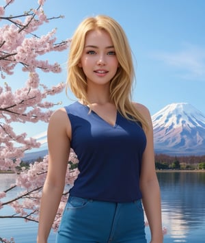 1 girl, Beautiful girl, cherry blossom, mount Fuji, good mouth, good lips, good legs, good eyes, clear_image, blonde_hair, hazel_eyes, lips, blue top, denim jeans, slender build, medium_breasts ,white teeth, good teeth, full_body, serious,pleased face, slender_legs, realistic, Detailedface, ,facial expression,myk