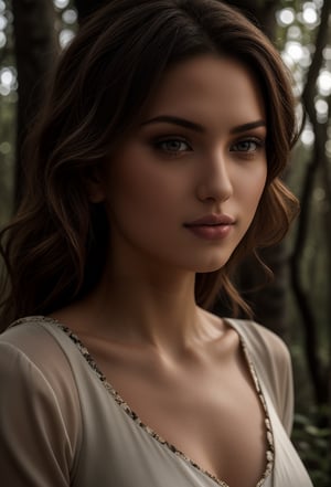 A serene female figure stands amidst a lush forest backdrop, her raven-hued locks cascading down her back like a waterfall of night. Her porcelain skin glows with a warm, sun-kissed radiance, as if infused with the forest's gentle light. The camera captures her entire visage in crisp 4K resolution, showcasing every delicate feature with photorealistic precision. The RAW image is bursting with intricate textures, from the softness of her skin to the rough bark of the ancient trees that surround her. Framed at a 24mm focal length, the composition draws the viewer's gaze to her enigmatic expression, as if she holds secrets whispered by the forest itself.