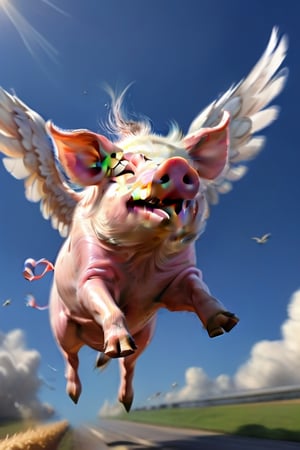a pig with wings flying at supersonic speed