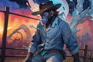 more detail XL, fantasy, ((ethereal)), ((watercolors)), ((fluid lines)), ((intricate patterns)), perfect quality, breathtaking, glowing lightning, epic, vivid, muted tones, chimpanzee, cowboy hat, yellow button up shirt, blue jeans, cowboy boots, leaning against a fence post, on a farm, sunny day,More Detail