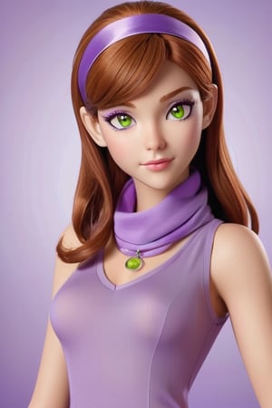 masterpiece, 
Create a high-quality, 3D anime-style illustration of a female character inspired by classic mystery-solving cartoons. She has a slender, oval face with large, expressive, bright green eyes highlighted with lavender eyeshadow, and long, wavy auburn hair adorned with a purple headband. Her facial expression is confident and welcoming.

The character wears a stylish, sleeveless purple mini-dress, tailored to accentuate her figure, with light purple accents at the collar and cuffs. A lime green scarf is loosely tied around her neck, adding a pop of contrast. Accessories include purple bracelets on each wrist. Complete the look with pink pantyhose and elegant purple high-heeled shoes.

gigantic breasts, nsfw, beautiful