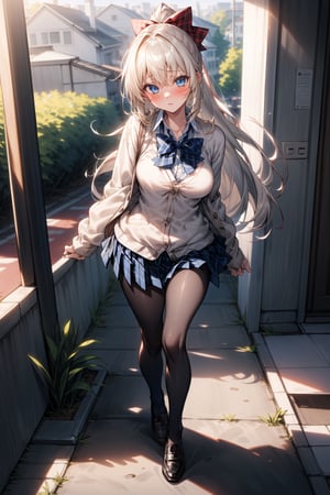 best quality,masterpiece,(breasts),1girl,loose bowtie,(white cardigan),blue skirt,(plaid skirt), medium length skirt, sunlight, long hair,platinum blond hair, black pantyhose, outside school ,full body,loafers, blue eyes, looking_at_viewer, blushing, sv1, ponytail