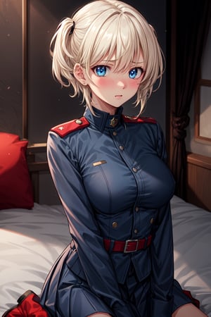 best quality,masterpiece,(breasts),1girl, short hair, platinum blond hair, blue eyes, sv1, twintail, twin_tails, embarassed, blushing, looking_at_viewer, collar, military dress, military_uniform, outside, warzone