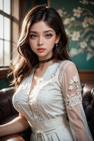 (in a coffee shop, angle from front:1.33), indoors, (cafe, seated on table), (asian european girl, BROWN hair:1.2), russian, (White Embroidered Collared Dress:1.33), (white Embroidered Collared Dress), (BROWN long hair, BROWN hair:1.33), (tails:1.3), (boost hair color), (very thick top hair) (extremely long hair), (green eyes:0.88), (make up, eyeshadow, mascara, eyeliner), (high-bridged nose), eyeshadow, lips_filler, (slight smile),  (parted lips slightly showing two upper front teeth), blushing, makeup, earrings, (black choker), moles, (medium round breasts), huge round ass, (wide waist and hips), thick thighs), (light fair skin tone), masterpiece, ultradetailed, high_res, 8K, HD, (lifelike rendering), (reality based rendering), (unreal engine), (intricate details), solo, Detailedface, Realism, Raw photo, Photography, Photorealism, Photoshoot, 1 girl, Young beauty spirit, Best face ever in the world, Enhance, Detailedface, perfect, 1 girl, (8k sharp focus), ultra-photorealism, More Detail, Masterpiece, Color Booster,
