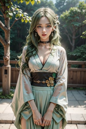 (a lone adult beautiful woman), (asian_european girl:1.3), (garden, frontyard garden:1), (green hair. kimono, japanese kimono:1.47), arms_crossed, (green long hair, green hair:1.51), (boost hair color), (very thick top hair) (top knot) (extremely long hair), (green eyes:0.88), (eyeshadow), (high-bridged nose), lips_filler, (parted lips slightly showing two upper front teeth), blushing, makeup, earrings, (black choker), moles, (medium round breasts:0.8), huge round ass, wide hips, thick thighs), ((light fair skin tone)), (facing viewer, body facing front), (cowboy shot), masterpiece, ultradetailed, high_res, 8K, HD, lifelike rendering, reality based rendering, unreal engine, intricate details, (denoise), solo, Sexy Pose, Detailedface, Realism, Raw photo, Photography, Photorealism, Photoshoot, 1 girl, Young beauty spirit, Best face ever in the world, Enhance, Detailedface, perfect,1 girl, (8k sharp focus), ultra-photorealism, More Detail, Masterpiece, Color Booster, midjourney, ((photography_flash)), european girl, (face make_up), (breasts_squeeze, boob_squeeze), Shiny_skin,