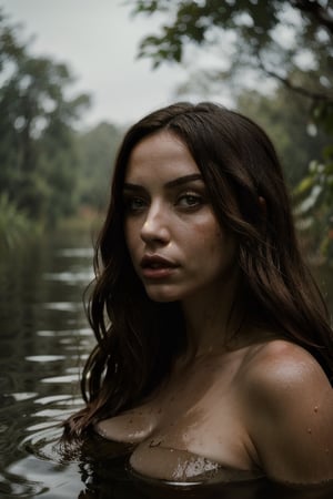 8k, highly detailed, realistic, extremely high quality, RAW photograph, woman, white skin, gorgeous, beautiful, highly attractive, 18 year old girl, long brown hair, deep green eyes, helpless woman, (covering) her (perky little) breasts with her arms, arms on breasts, (no nude), woman with half her body under water, dirty teen girl, intricate body, 1, braded hair, rainy, dirty, scary, woman suffering, detailed photorealistic, vines in hair, with tree leaves in her hair, heavy swamp background, As twilight enigmatic swamps, creeping mists that whisper stories of ancient folklore, every silent corner holds an untold story, swamp in the background,  steampunk style, masterpiece, ultra Detailed, hyper Quality, Wide jaw, wide mouth, (Small head), full lips: 1.2, [small dainty nose: 1.1], [long legs : 1.2], white skin: 1.3, proportional face, cinematic lighting, 8k, sharp focus, dramatic lighting, ambient lighting, sidelighting, Exquisite details and textures, perfect textures, thick brushstrokes, shaders, fantasy horror art, photorealistic dark concept art, in style of dark fantasy art, detailed 4k horror artwork, stefan koidl inspired, ((stefan koidl)), Movie Still, Film Still, Cinematic, Cinematic Shot.