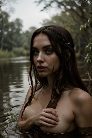 8k, highly detailed, realistic, extremely high quality, RAW photograph, woman, white skin, gorgeous, beautiful, highly attractive, 18 year old girl, long brown hair, deep green eyes, helpless woman, (covering) her (perky little) breasts with her arms, arms on breasts, (no nude), woman with half her body under water, dirty teen girl, intricate body, 1, braded hair, rainy, dirty, horror face, traumatized expression, traumatized woman, scary, woman suffering, detailed photorealistic, vines in hair, with tree leaves in her hair, heavy swamp background, As twilight enigmatic swamps, creeping mists that whisper stories of ancient folklore, every silent corner holds an untold story, swamp in the background,  steampunk style, masterpiece, ultra Detailed, hyper Quality, Wide jaw, wide mouth, (Small head), full lips: 1.2, [small dainty nose: 1.1], [long legs : 1.2], white skin: 1.3, proportional face, cinematic lighting, 8k, sharp focus, dramatic lighting, ambient lighting, sidelighting, Exquisite details and textures, perfect textures, thick brushstrokes, shaders, fantasy horror art, photorealistic dark concept art, in style of dark fantasy art, detailed 4k horror artwork, stefan koidl inspired, ((stefan koidl)), Movie Still, Film Still, Cinematic, Cinematic Shot.