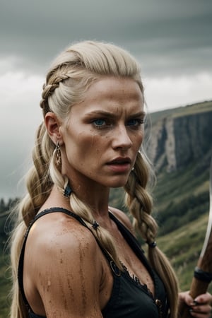 4k, highly detailed, realistic, extremely high quality, RAW photograph, viking woman, white clear skin, gorgeous, beautiful, highly attractive, 18 year old girl, long platinum blonde hair, viking braids, deep blue eyes viking teen girl, intricate body, detailed photorealistic, platinum blonde weird hair with undercut, heavy cliffs at background, steampunk style, masterpiece, ultra Detailed, hyper Quality, 1 Nordic Viking women Warrior, braded hair, She is wielding a axe in one hand and a shield in the other, viking girl in burning village, warriors attacking, fighting, blood, mud, raining, crying, anger, screams, smoke, Wide jaw, wide mouth, (Small head), full lips: 1.2, [small dainty nose: 1.1], [long legs : 1.2], white skin: 1.3, proportional face, cinematic lighting, 8k, sharp focus, dramatic lighting, ambient lighting, sidelighting, Exquisite details and textures, perfect textures, thick brushstrokes, shaders.