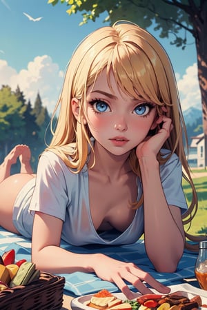 (masterpiece:1.3), (best quality:1.3), (hires, high resolution:1.3), 1girl, blonde, blue eyes, long hair, lying, on stomach, foreshortening, facing viewer, picnic, picnic basket, ass visible, downblouse, (white, loose t-shirt), leaning forward, selfie, hand on own face,