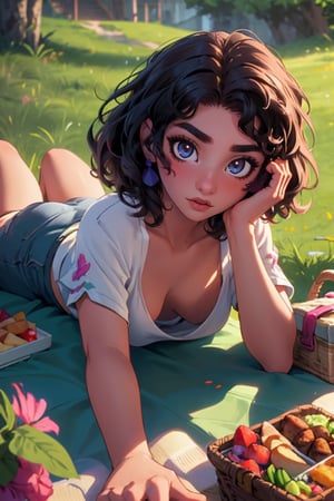 (masterpiece:1.3), (best quality:1.3), (hires, high resolution:1.3), 1girl, lying, on stomach, foreshortening, facing viewer, picnic, picnic basket, ass visible, downblouse, (white, loose t-shirt), leaning forward, selfie, hand on own face, ,mirabel madrigal,White blouse