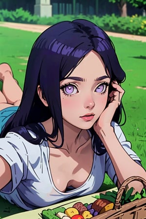 (masterpiece:1.3), (best quality:1.3), (hires, high resolution:1.3), 1girl, purple hair, white eyes, blank eyes, long hair, lying, on stomach, foreshortening, facing viewer, picnic, picnic basket, ass visible, downblouse, (white, loose t-shirt), leaning forward, selfie, hand on own face, ,mirabel madrigal,hinata