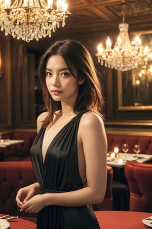 (intricate details),unity 8k wallpaper,ultra detailed,beautiful and aesthetic,detailed, scenery,A girl of about 20 years old, With her coral red medium-length hair, flowing and light, she stands in a black silk dress, showcasing elegant charm, inside a fine dining restaurant, with exquisite decor and warm candlelight.